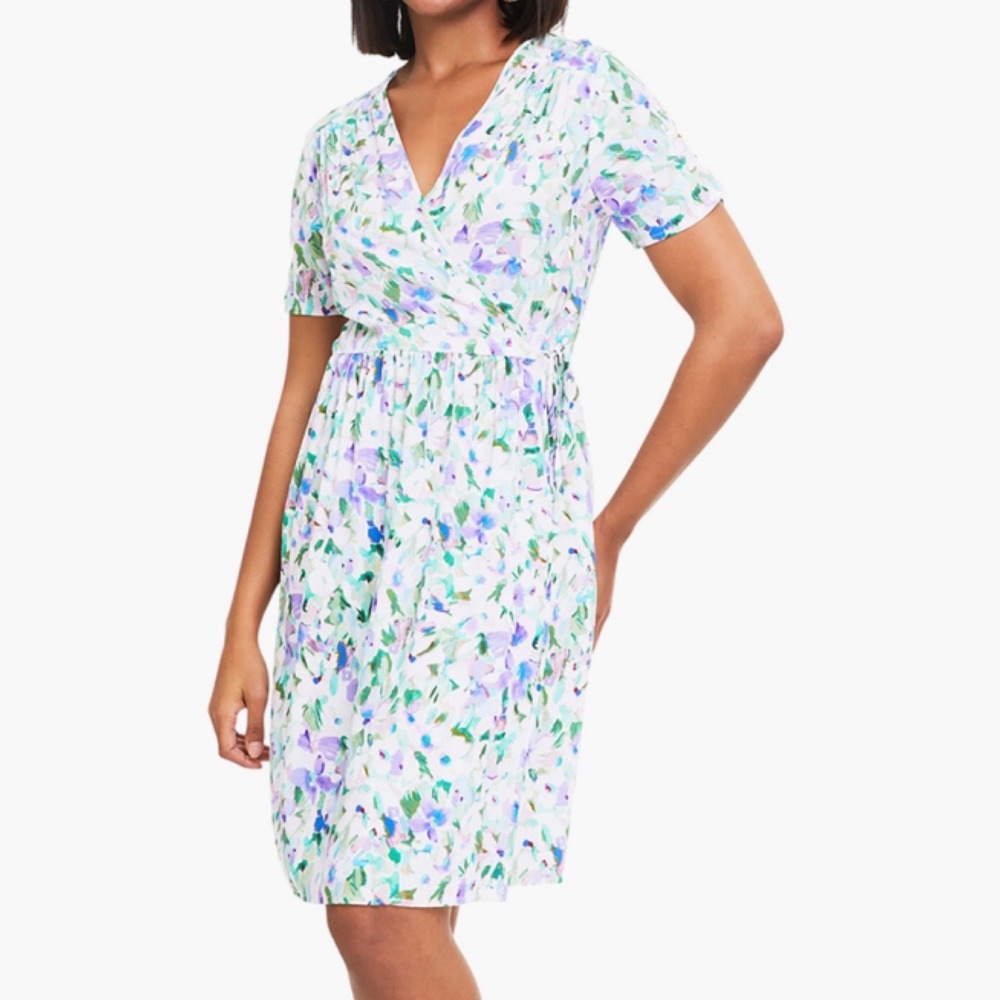 Woolworths Womens Floral Wrap Dress M White Purple Short Sleeve Cottagecore